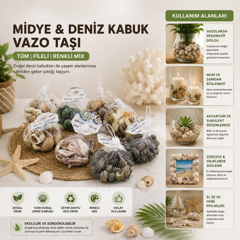 Dekoratif Vazo Taşı - Midye ve Deniz Kabuğu - Fileli Renkli Mix