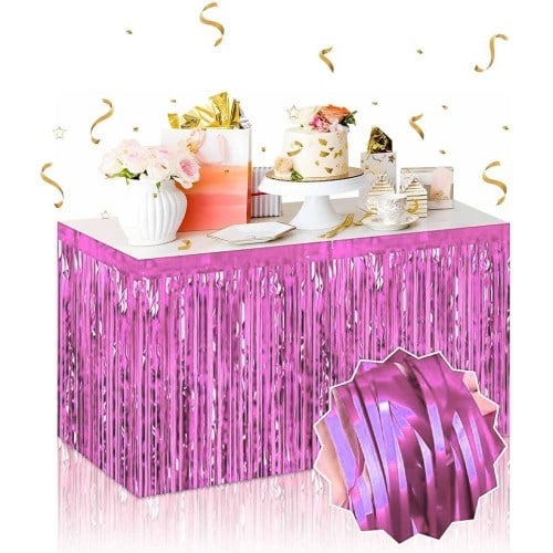 Kendinden Yapışkanlı Pembe Metalize Püsküllü Masa Eteği – 75 x 275 cm Parti Süslemesi