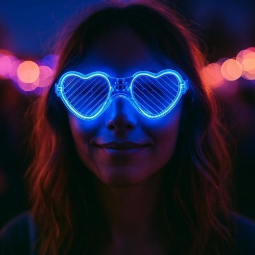 Mavi LED Işıklı Kalp Gözlük – 3 Modlu Parti & Glow Gözlüğü