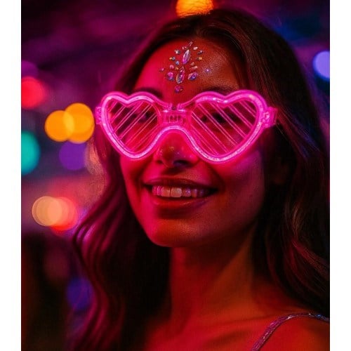 Pembe LED Işıklı Kalp Gözlük – 3 Modlu Parti & Glow Gözlüğü