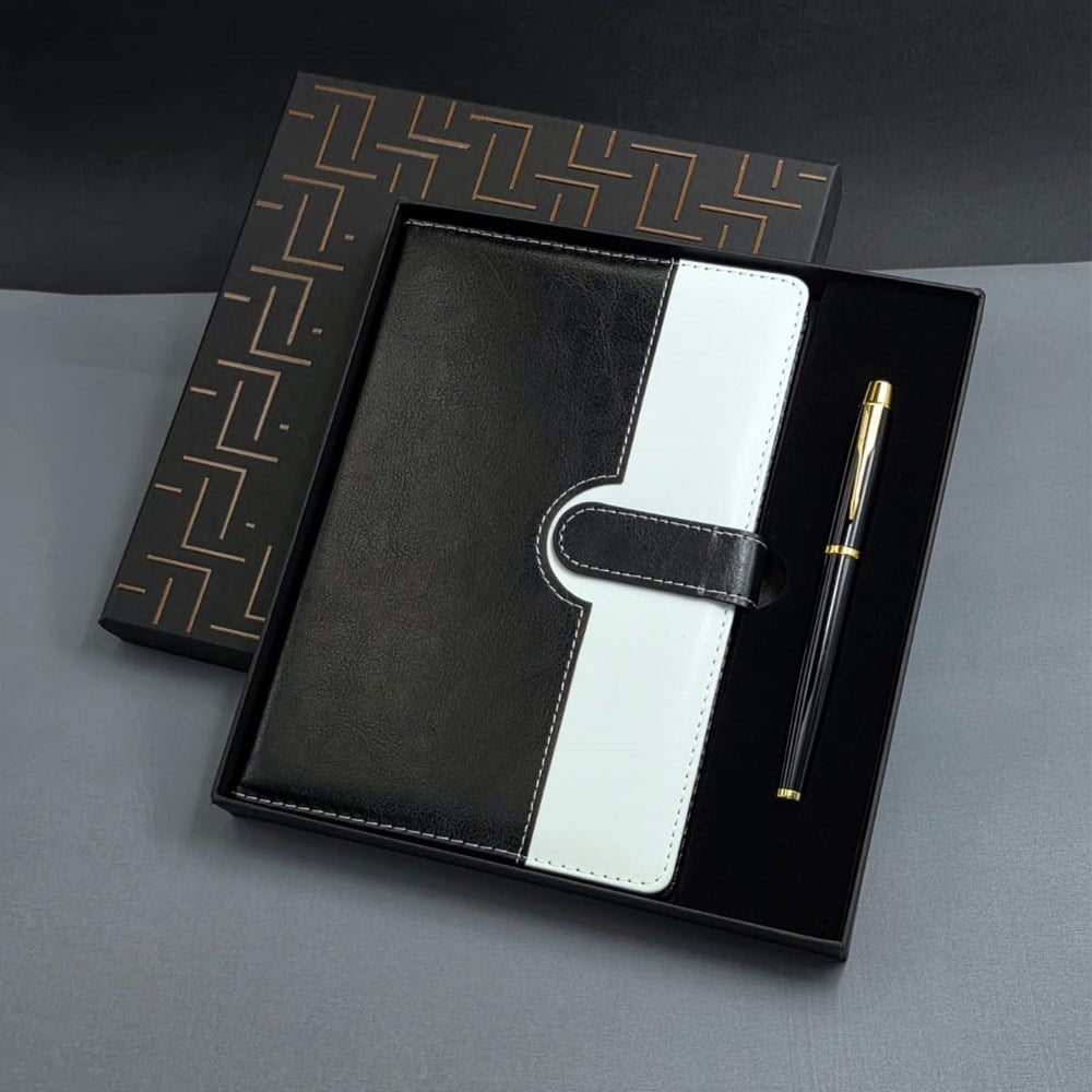 Siyah Beyaz Renkli Tarihsiz Ajanda Defter Ve Metal Roller Kalem Seti