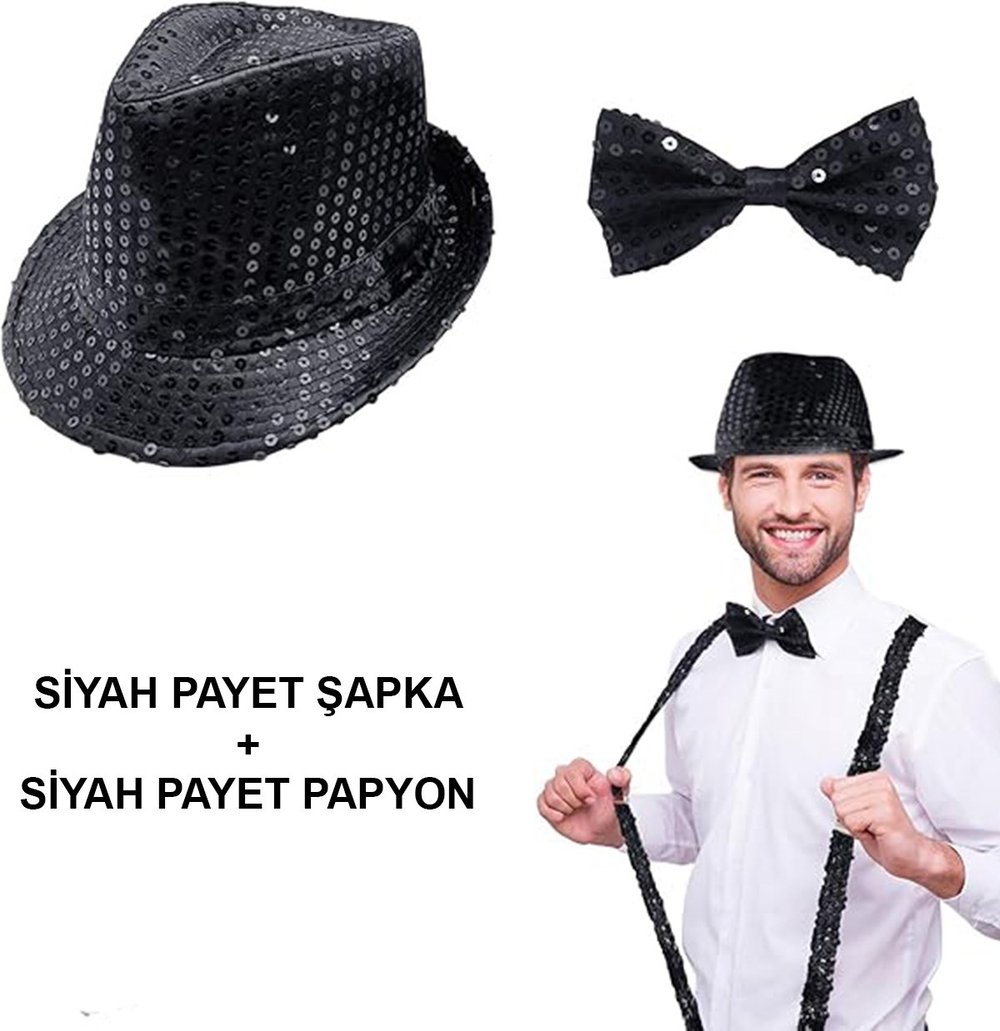 Siyah Payetli Şapka ve Papyon Seti – Parıltılı Yetişkin Kostüm Seti