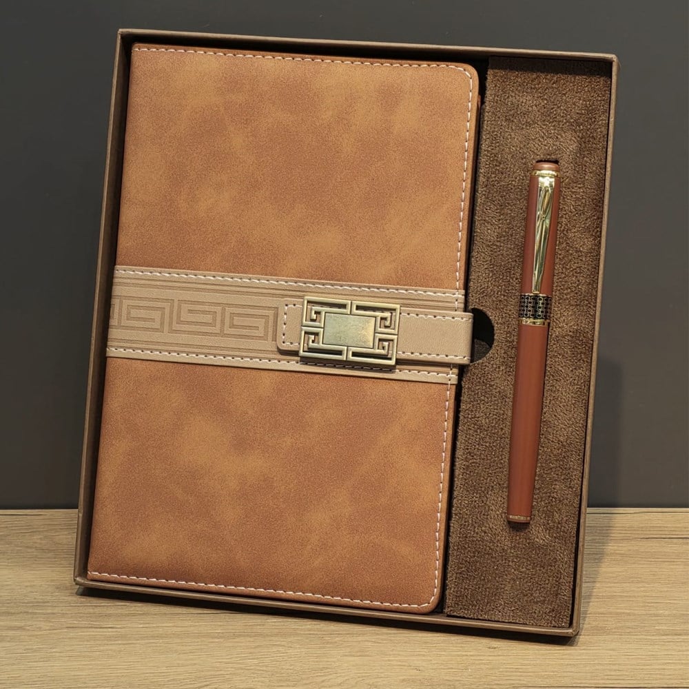 Taba Rengi Termo Deri Defter Ve Metal Roller Kalem Seti
