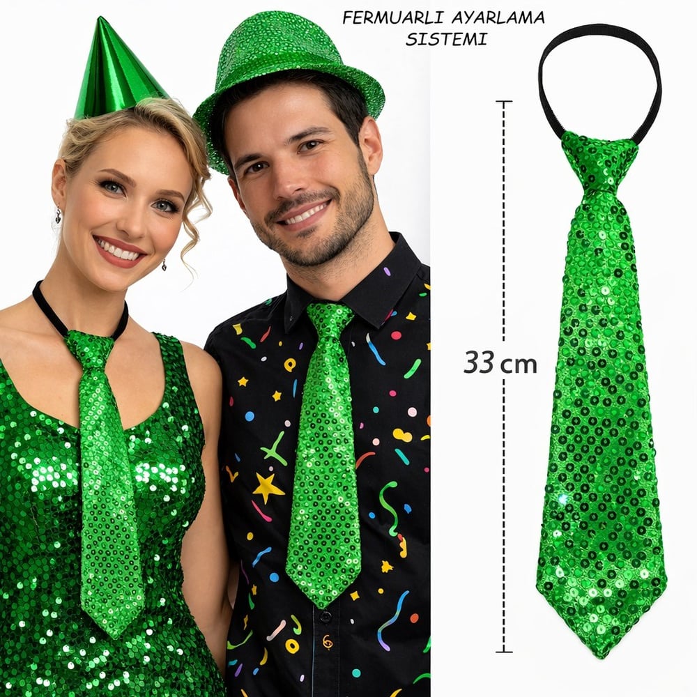 Yeşil Renk Pul Payetli Işıltılı Parti Kravatı 33 cm