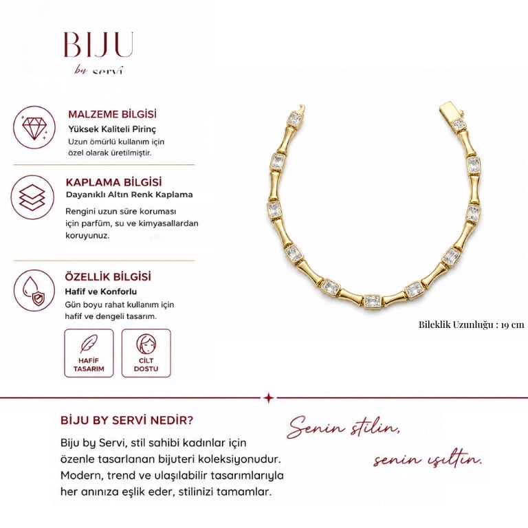 Biju by Servi Baget Taşlı Dikdörtgen Detaylı Zincir Bileklik