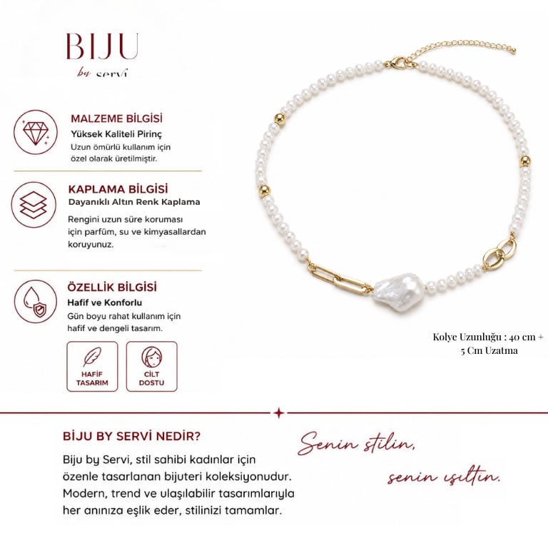Biju by Servi Barok İnci ve Altın Renk Zincir Detaylı Kolye