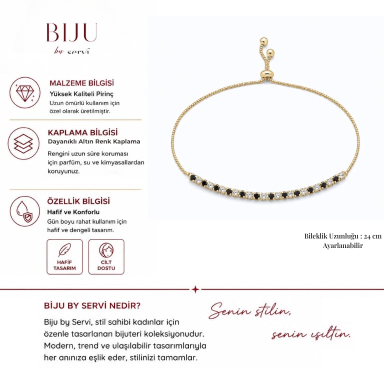 Biju by Servi Siyah Beyaz Zirkon Taşlı Ayarlanabilir Bileklik