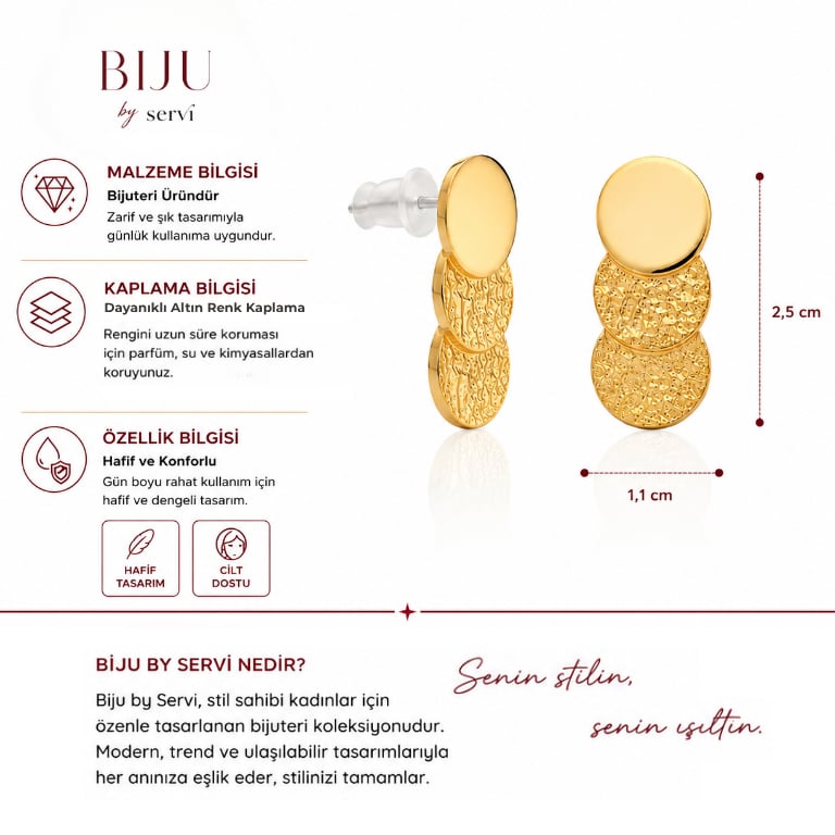 Biju by Servi Solis Geometrik Üçlü Yuvarlak Dokulu Altın Renk Küpe