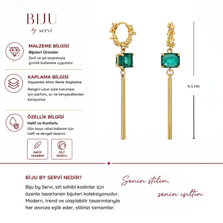 Biju by Servi Zümrüt Yeşili Baget Taşlı Sallantılı Altın Renk Küpe