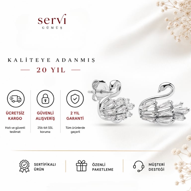 Servi 925 Ayar Gümüş Crystal Swan Küpe