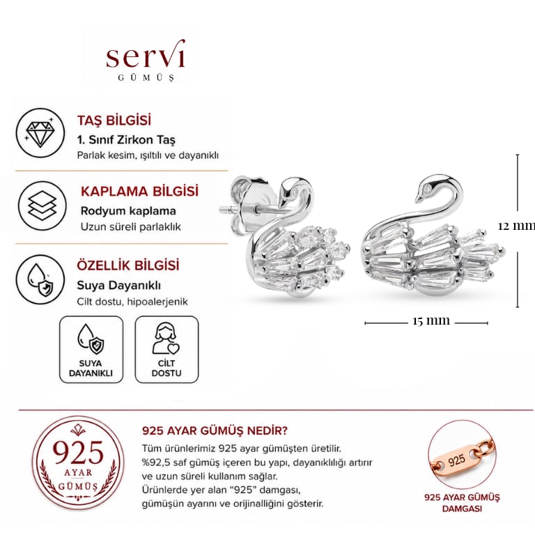 Servi 925 Ayar Gümüş Crystal Swan Küpe