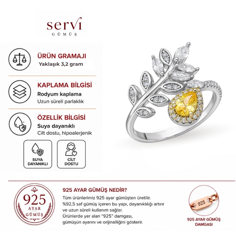 Servi 925 Ayar Gümüş Golden Leaf Yüzük