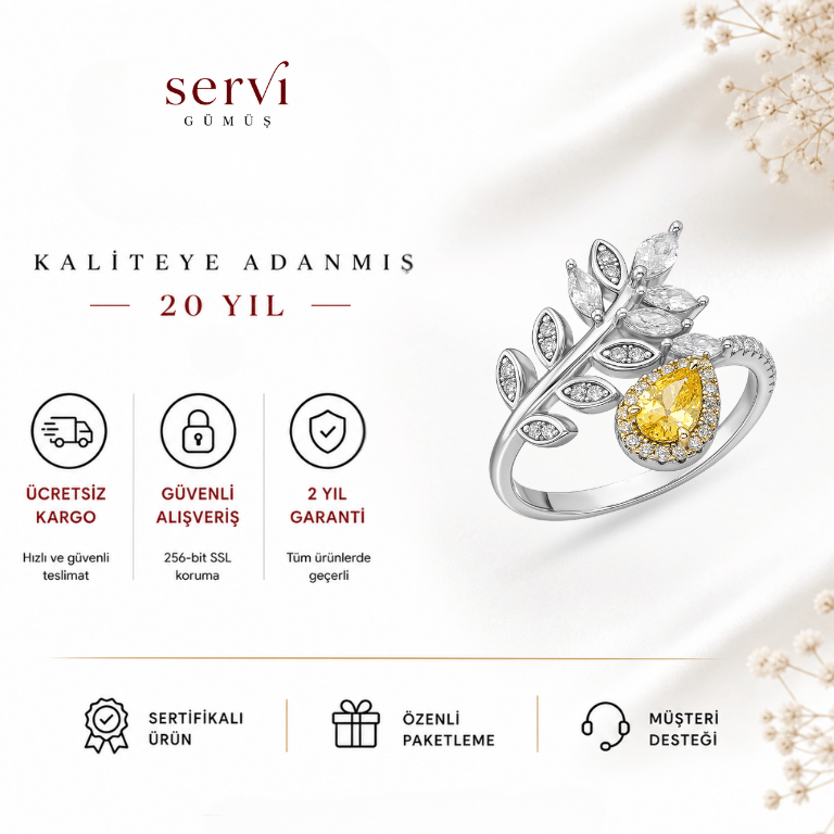 Servi 925 Ayar Gümüş Golden Leaf Yüzük