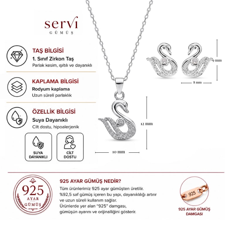 Servi 925 Ayar Gümüş Grace Kuğu Kolye ve Küpe Set