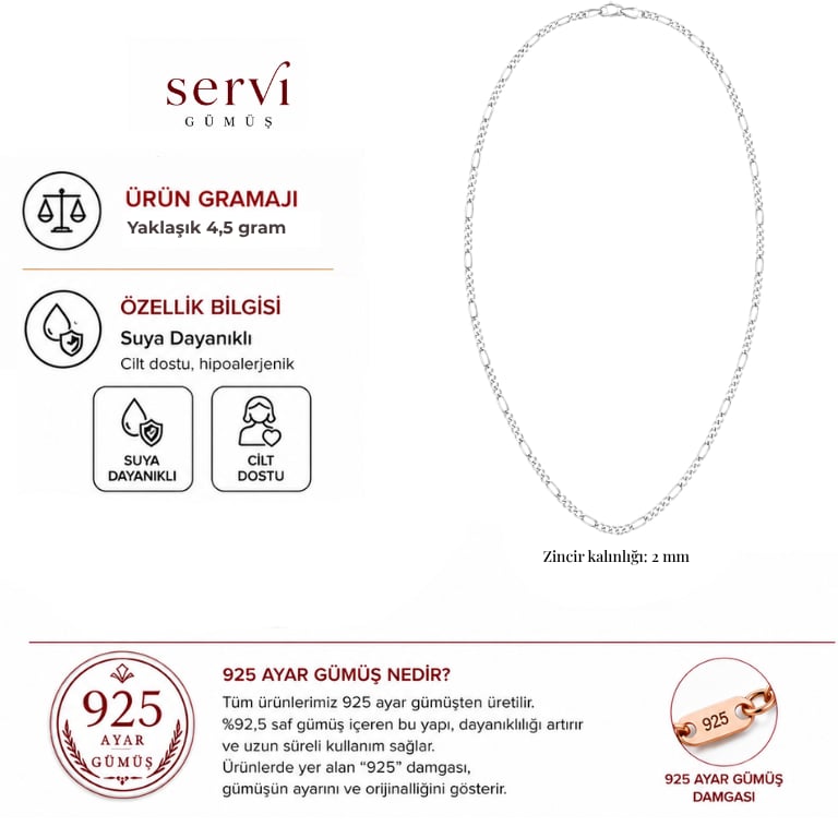 Servi 925 Ayar Gümüş 2 mm Figaro Zincir Kolye