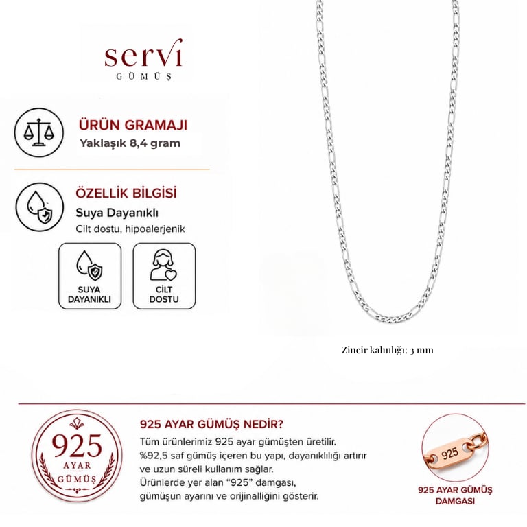 Servi 925 Ayar Gümüş 3 mm Figaro Zincir Kolye