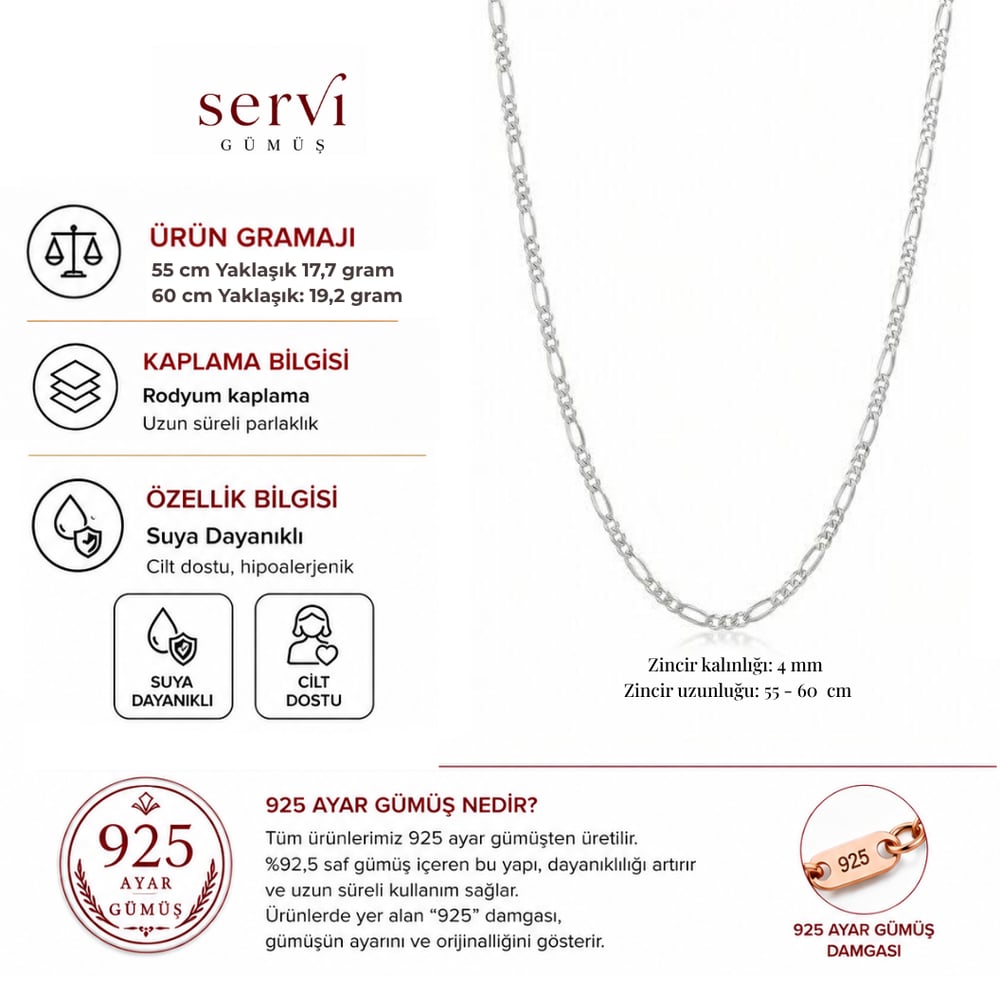 Servi 925 Ayar Gümüş 4 MM Figaro Zincir Kolye