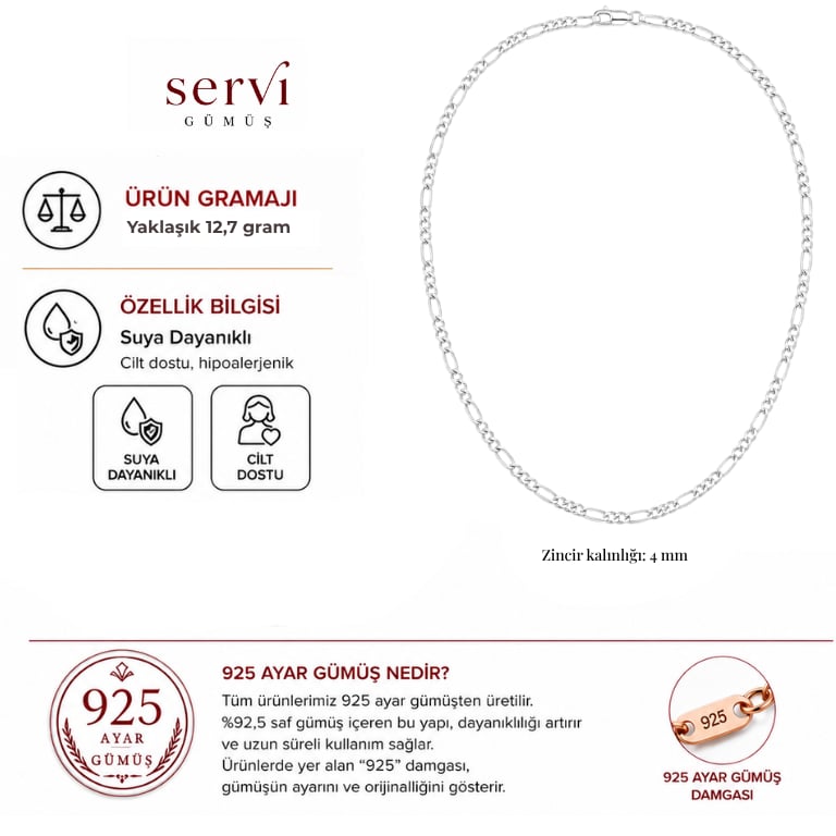 Servi 925 Ayar Gümüş 4 MM Figaro Zincir Kolye