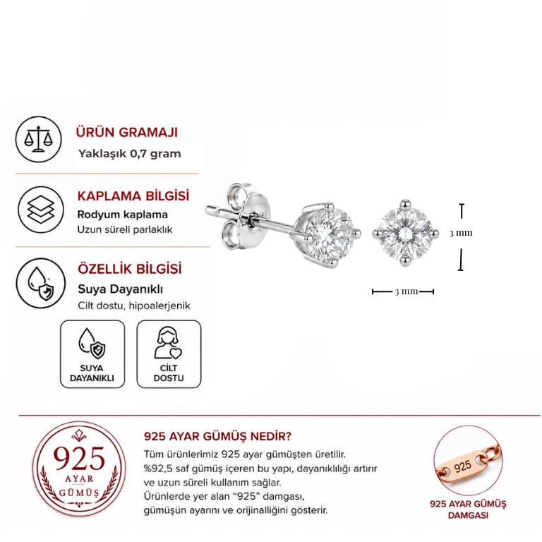 Servi 925 Ayar Gümüş Nadine 3 mm Tektaş Küpe