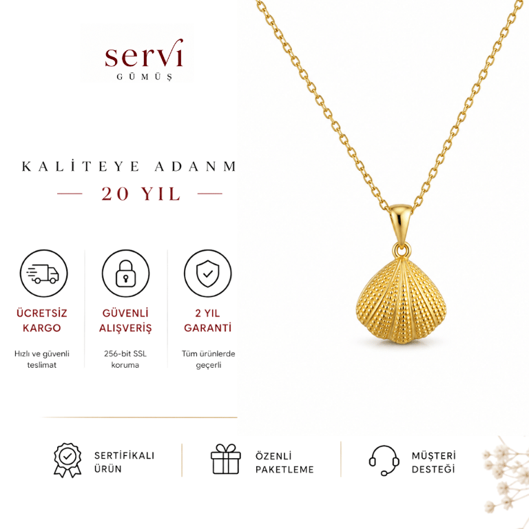 Servi 925 Ayar Gümüş Altın Renk İnci Detaylı Açılır Deniz Kabuğu Kolye