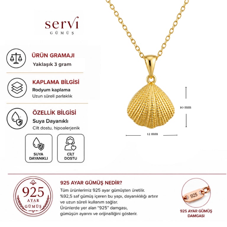 Servi 925 Ayar Gümüş Altın Renk İnci Detaylı Açılır Deniz Kabuğu Kolye