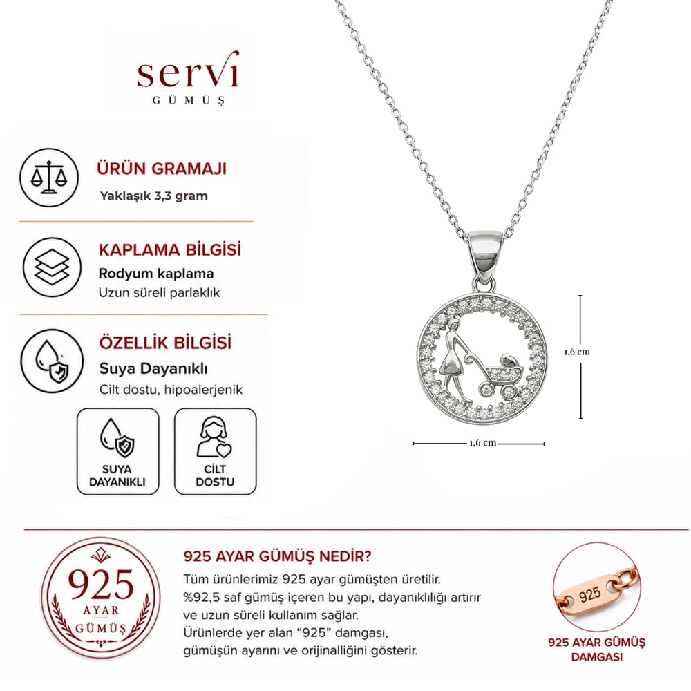 Servi 925 Ayar Gümüş Anne ve Bebek Arabası Kolye