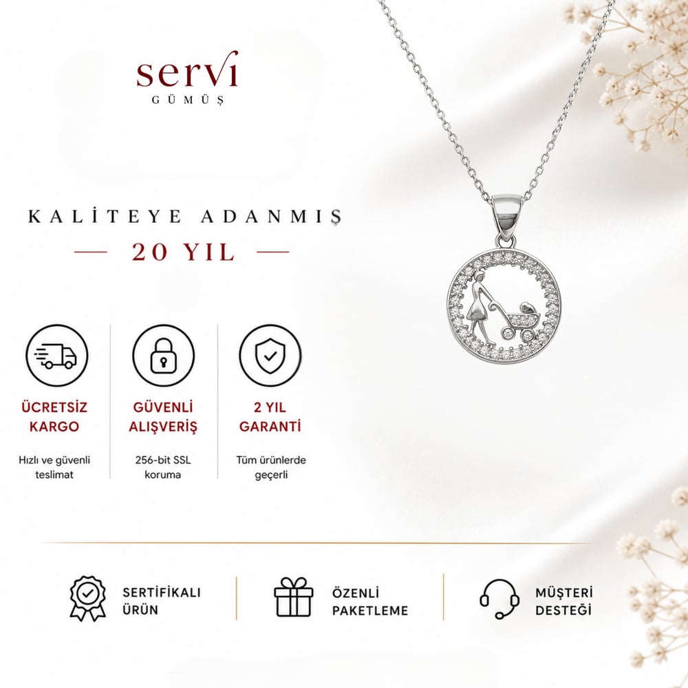 Servi 925 Ayar Gümüş Anne ve Bebek Arabası Kolye