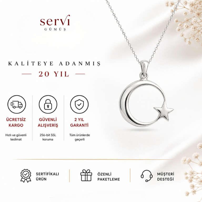 Servi 925 Ayar Gümüş Ay Yıldız Kolye