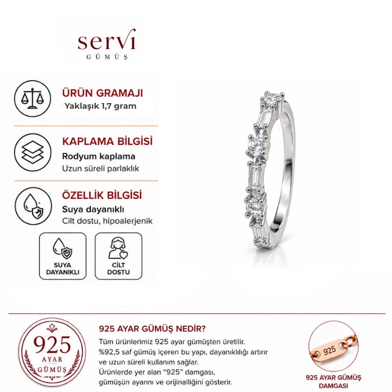 Servi 925 Ayar Gümüş  Minimal Baget ve Zirkon Taşlı Yüzük