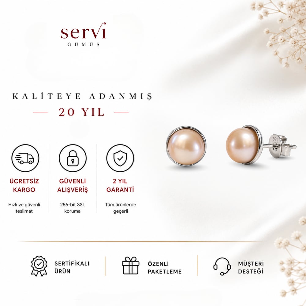 Servi 925 Ayar Gümüş Çerçeveli Şampanya İnci Küpe