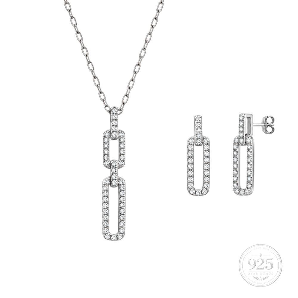 Servi 925 Ayar Gümüş Chain Glow Işıltılı Ataç Kolye ve Küpe Set