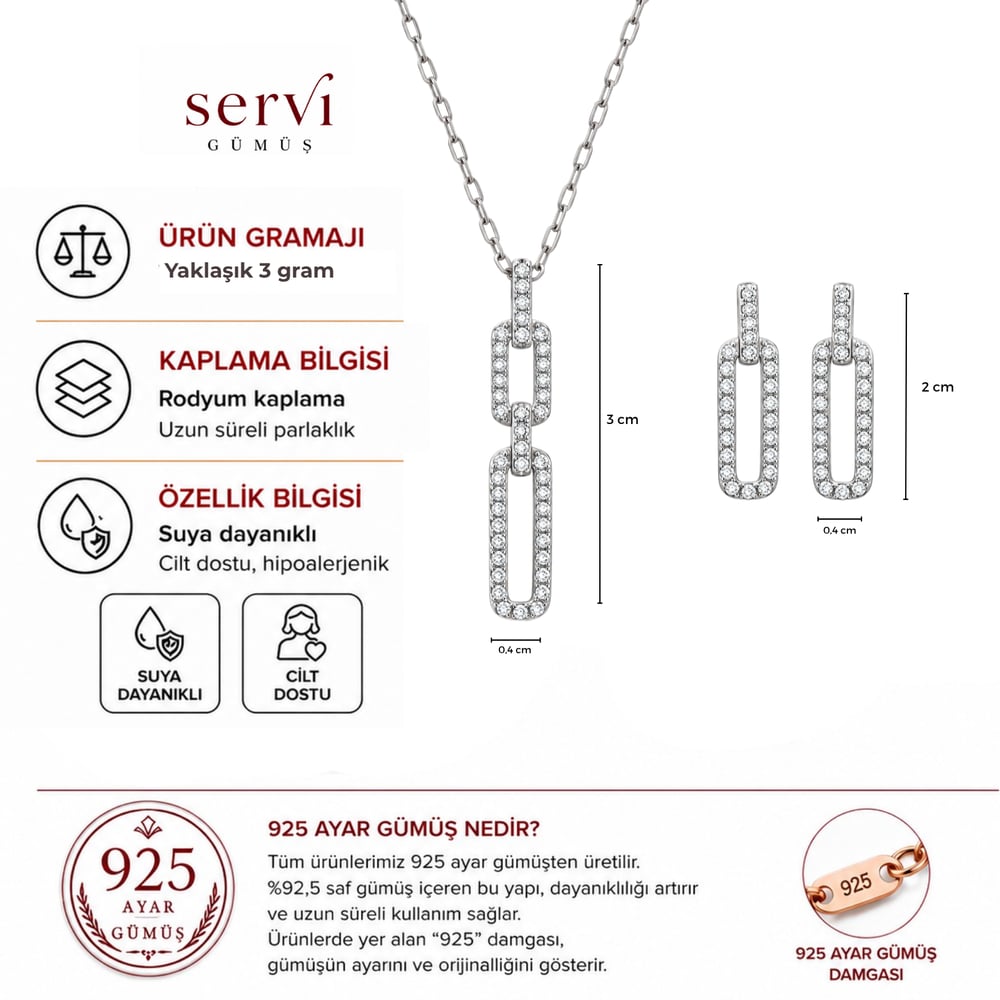Servi 925 Ayar Gümüş Chain Glow Işıltılı Ataç Kolye ve Küpe Set