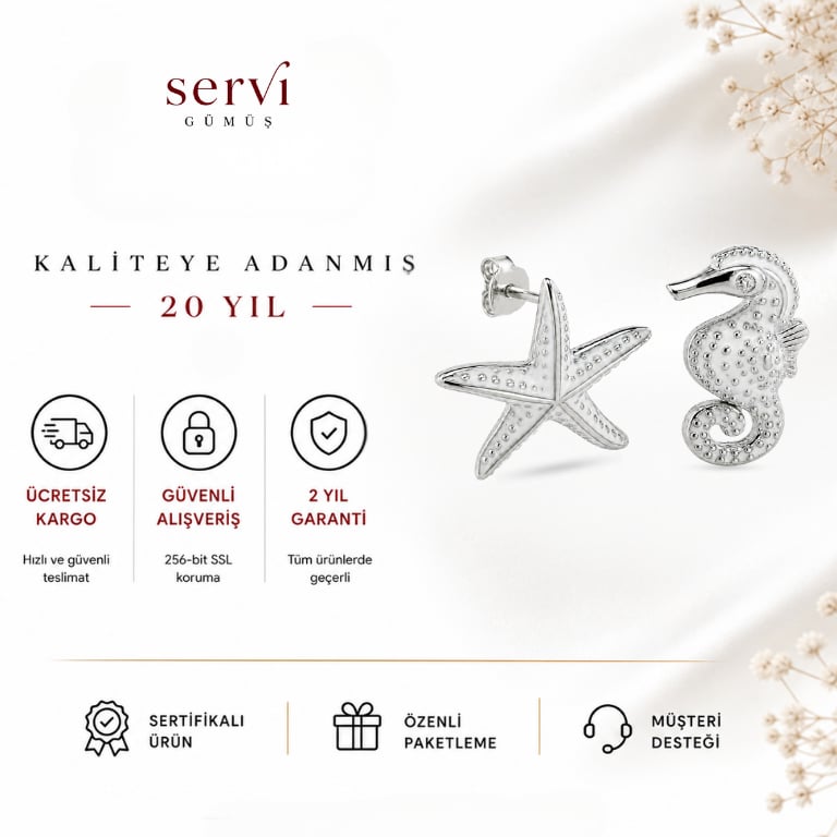 Servi 925 Ayar Gümüş Deniz Yıldızı ve Denizatı Figürlü Beyaz Mineli Küpe