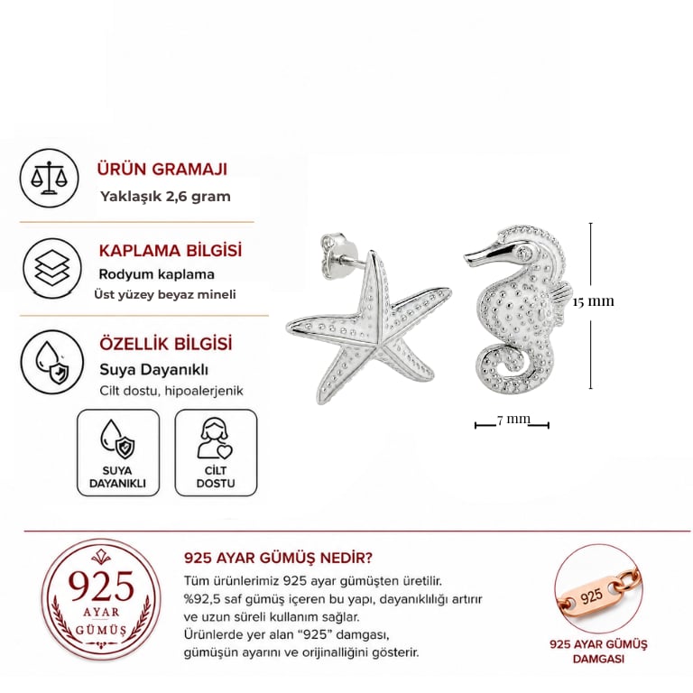 Servi 925 Ayar Gümüş Deniz Yıldızı ve Denizatı Figürlü Beyaz Mineli Küpe