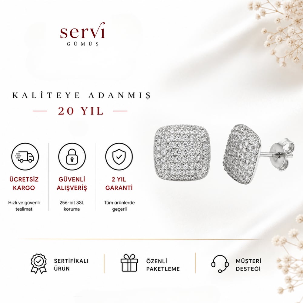 Servi 925 Ayar Gümüş Kare Formlu Zirkon Taşlı Küpe
