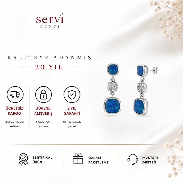 Servi 925 Ayar Gümüş Marin Opal Sallantılı Küpe