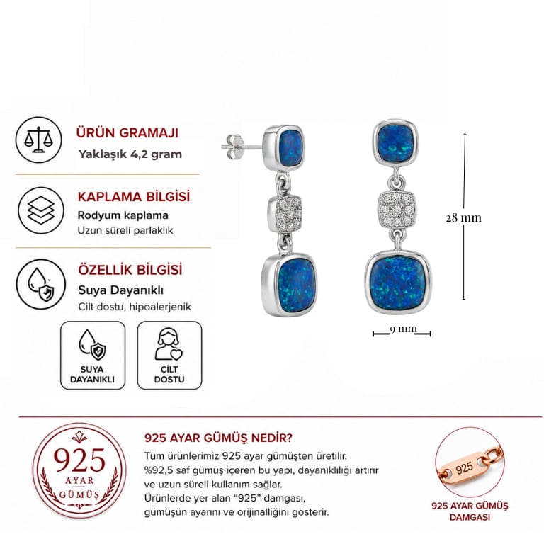 Servi 925 Ayar Gümüş Marin Opal Sallantılı Küpe