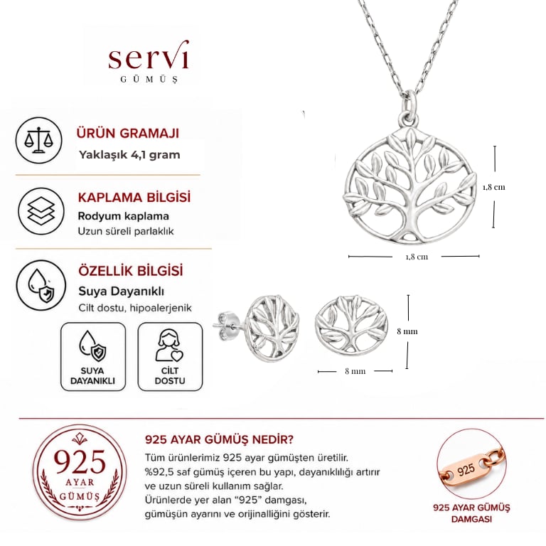 Servi 925 Ayar Gümüş Minimal Hayat Ağacı Kolye ve Küpe Seti