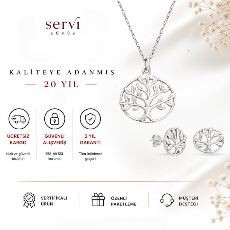 Servi 925 Ayar Gümüş Minimal Hayat Ağacı Kolye ve Küpe Seti