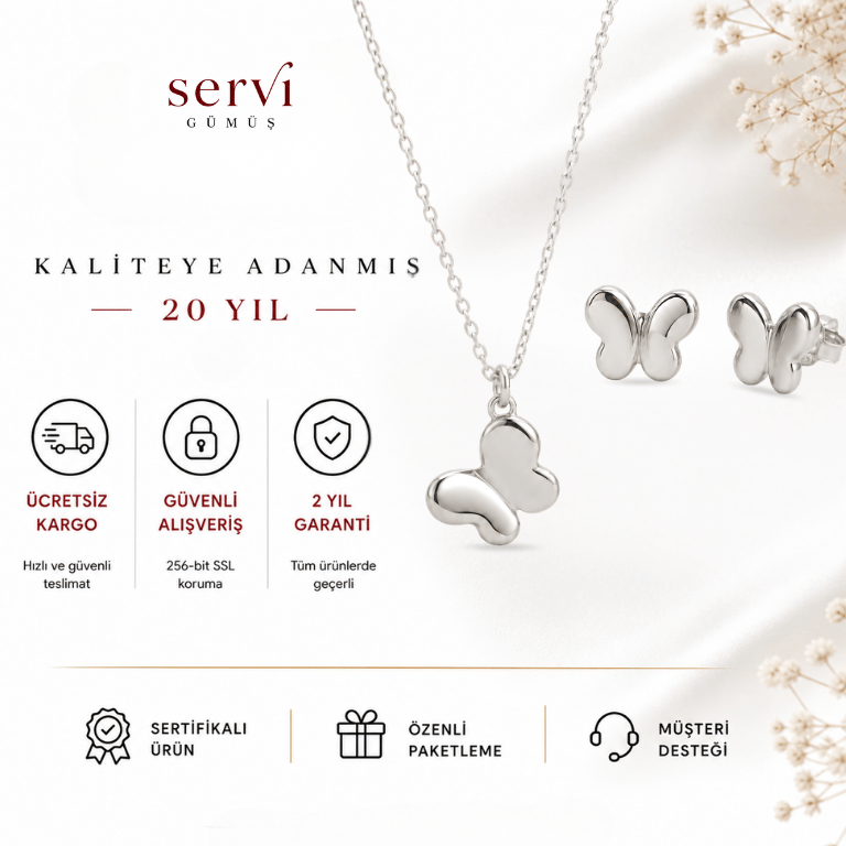 Servi 925 Ayar Gümüş Minimal Kelebek Kolye ve Küpe Seti