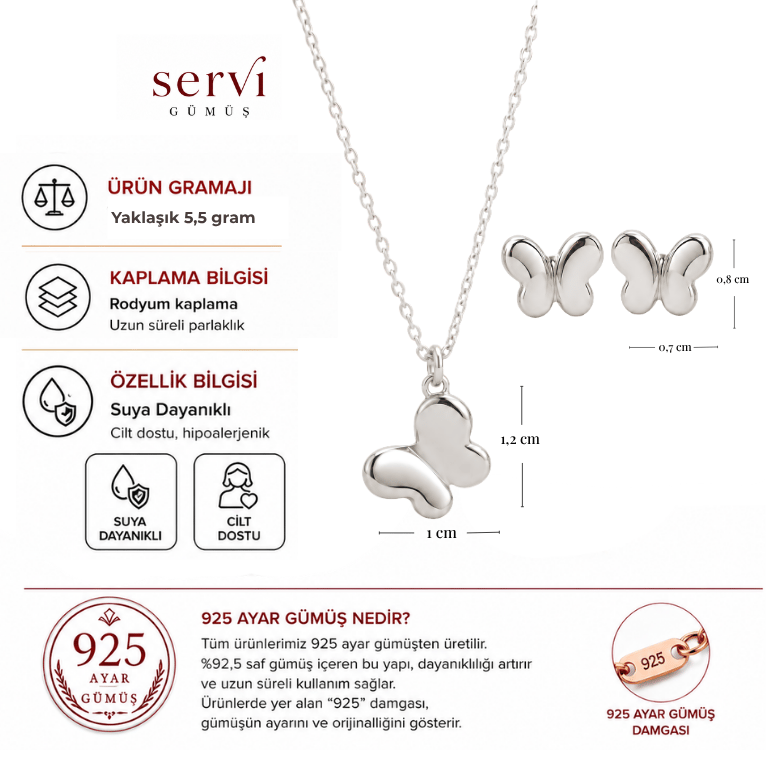 Servi 925 Ayar Gümüş Minimal Kelebek Kolye ve Küpe Seti