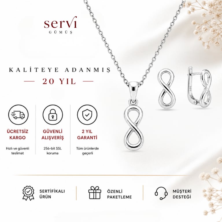 Servi 925 Ayar Gümüş Minimal Sonsuzluk Kolye ve Küpe Seti