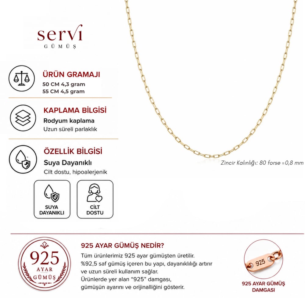 Servi 925 Ayar Gümüş Modern Altın Rengi İnce Forse Zincir Kolye