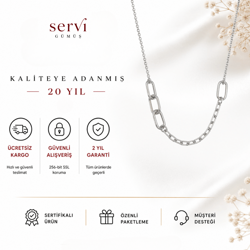 Servi 925 Ayar Gümüş Modern Ataç  Zincir Kolye 
