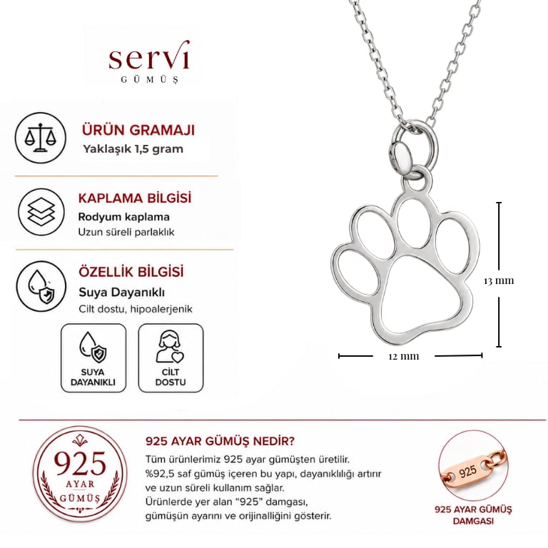Servi 925 Ayar Gümüş Mylo Pati İzi Kolye