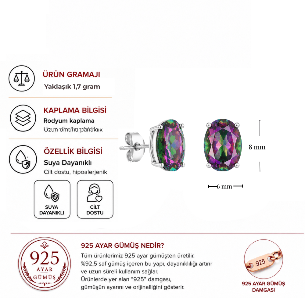 Servi 925 Ayar Gümüş Oval 8 mm Mistik Topaz Küpe