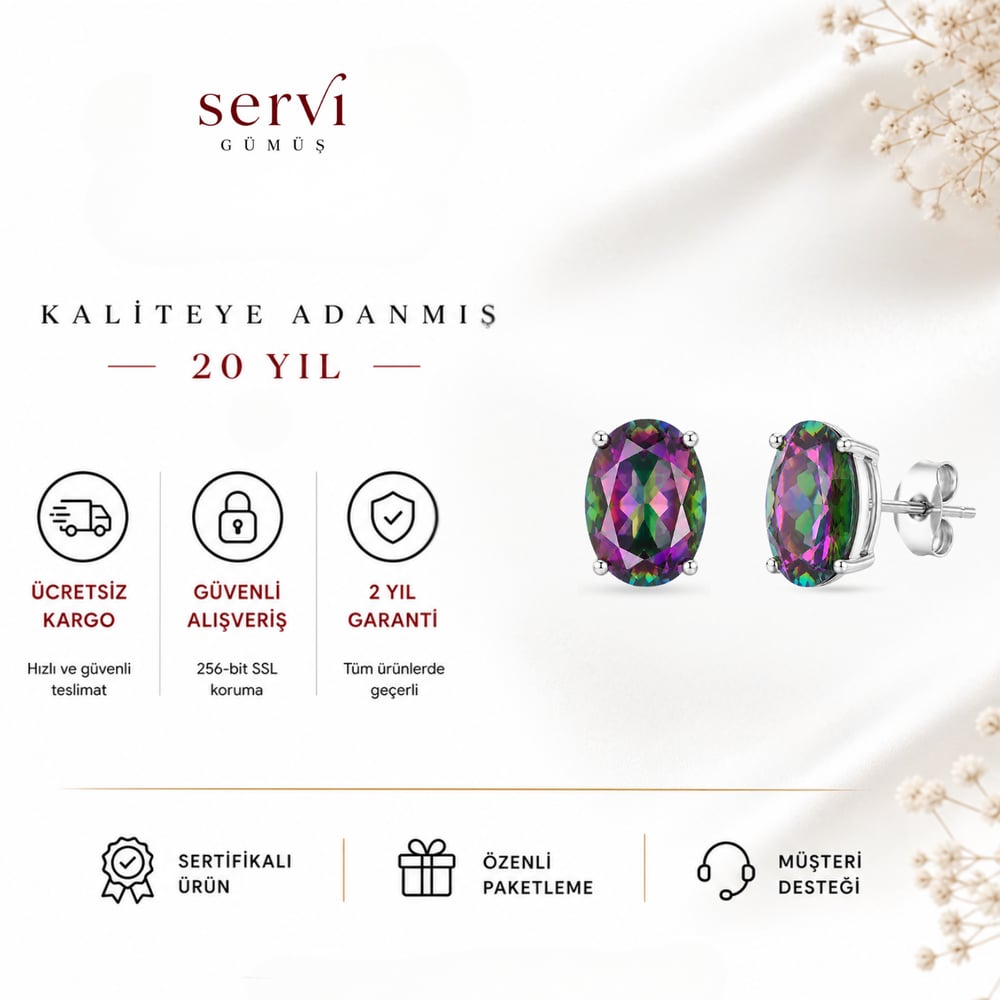 Servi 925 Ayar Gümüş Oval 8 mm Mistik Topaz Küpe