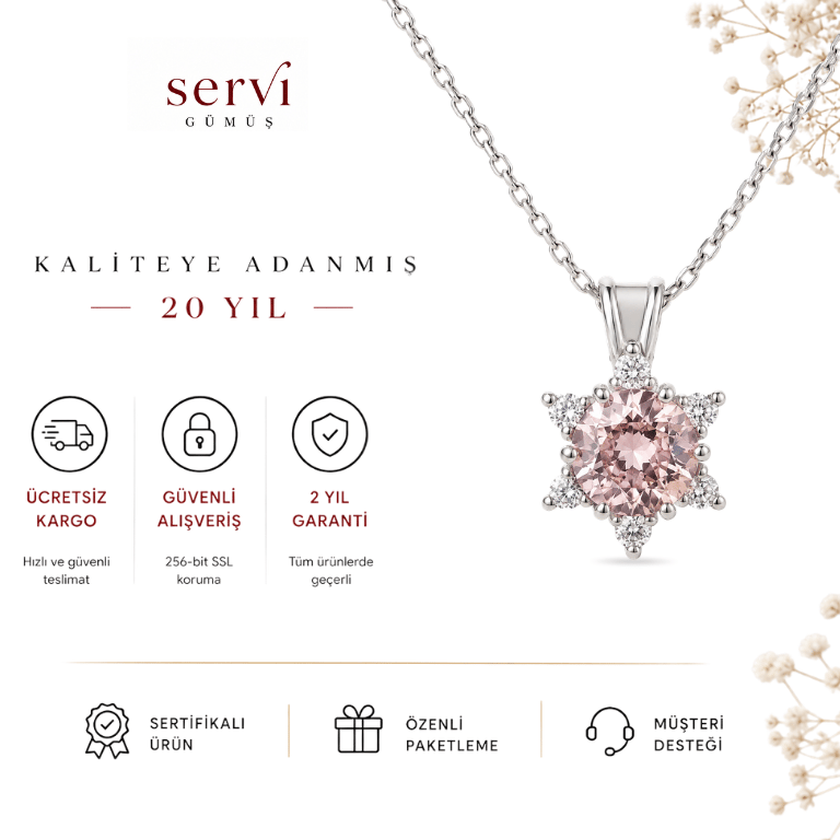 Servi 925 Ayar Gümüş Pembe Zirkon Taşlı Minimal Lotus Çiçeği Kolye
