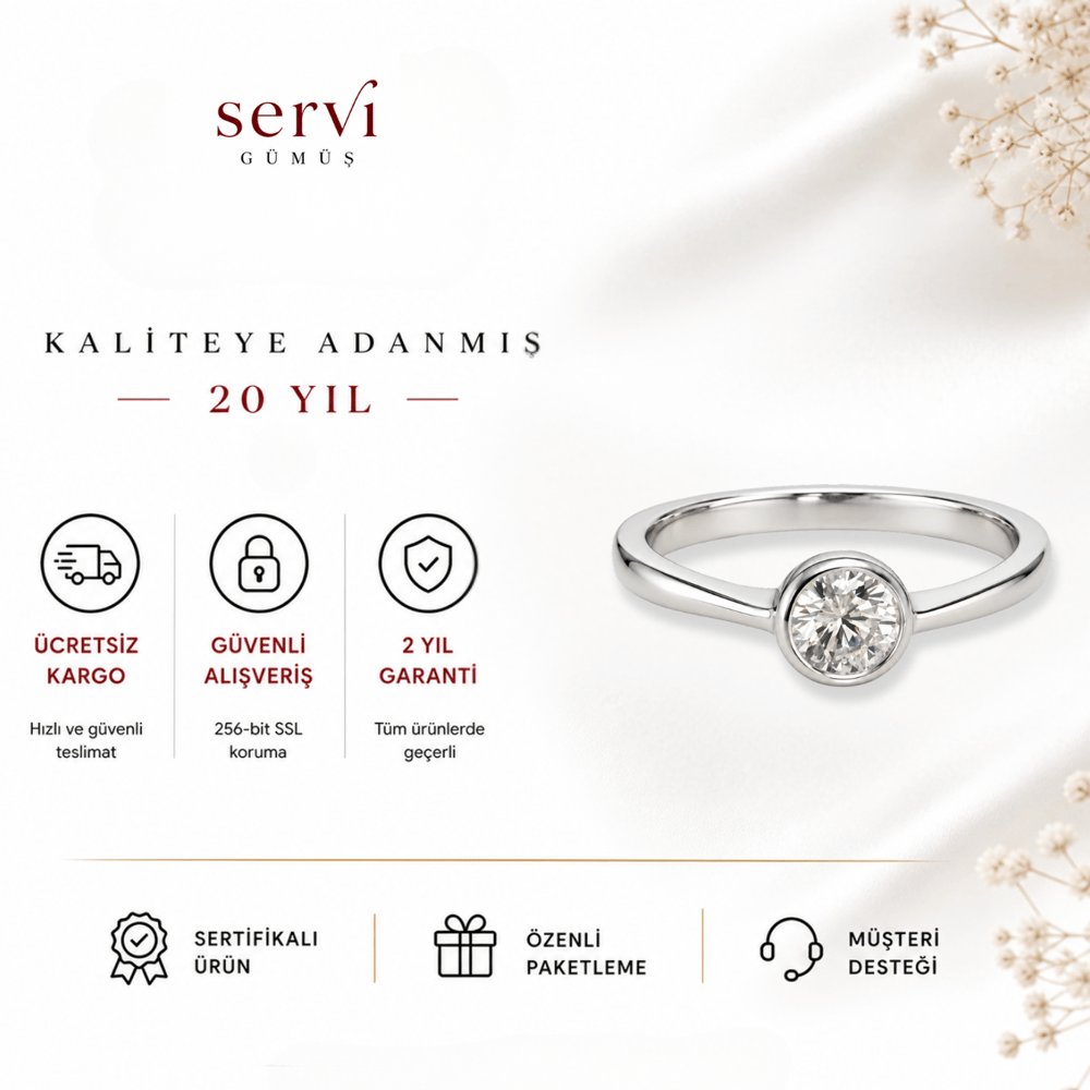 Servi 925 Ayar Gümüş Pure Light Yuvarlak Kesim Gümüş Sıvama Tektaş Yüzük  