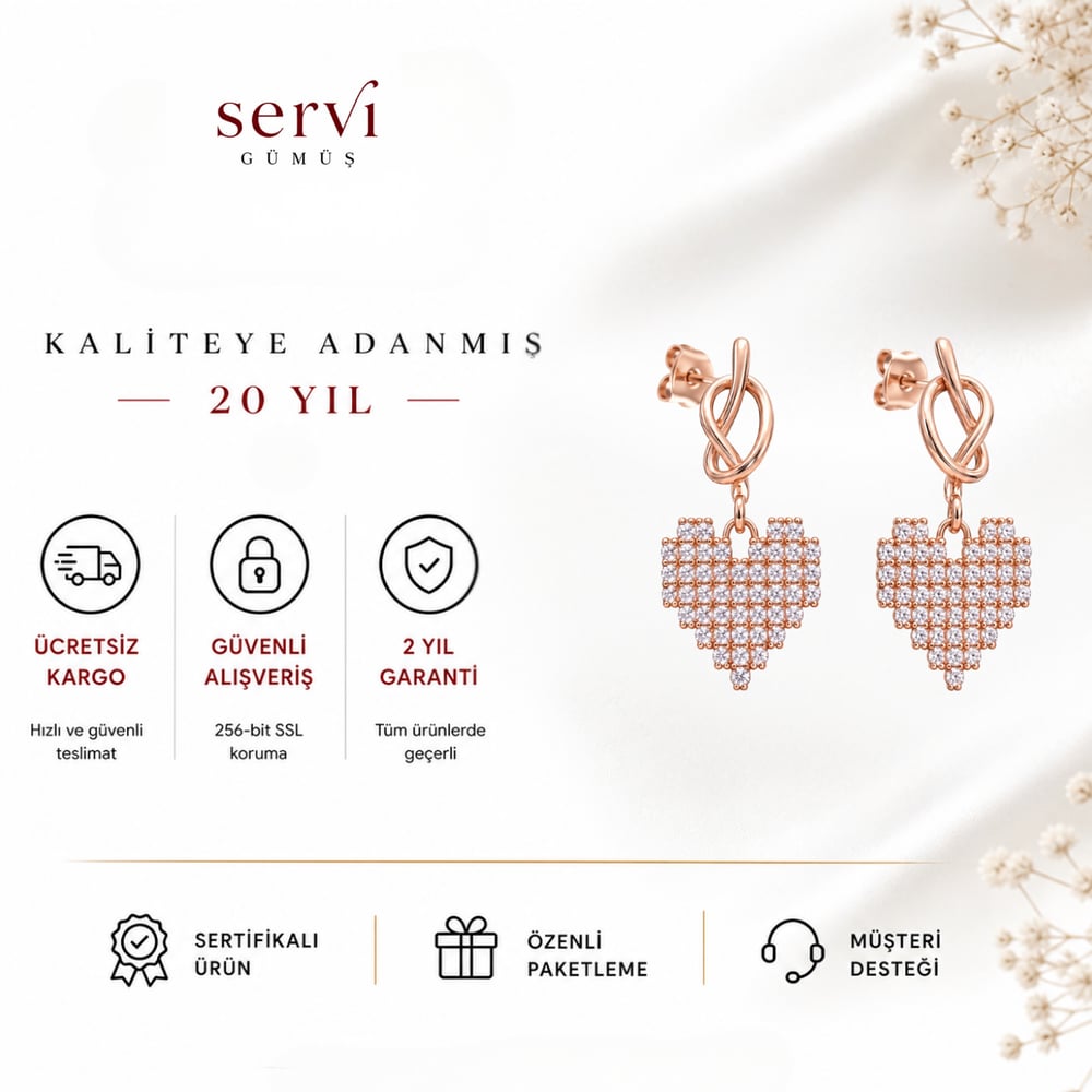Servi 925 Ayar Gümüş Rose Aşk Düğümü Pixel Kalp Sallantılı Küpe